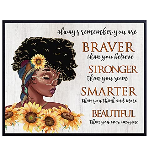 African American Wall Art & Decor – Black Art – African American Women, Girls – Always Remember You Are Braver Than You Believe – Positive Inspirational Quotes – Encouragement Gifts – Boho Sunflower