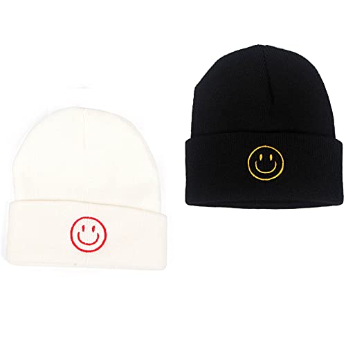AJG Black Beanie Hats for Men,Smile Face Embroidered Acrylic Soft Winter Hats for Women-Black & White (2 Pack)