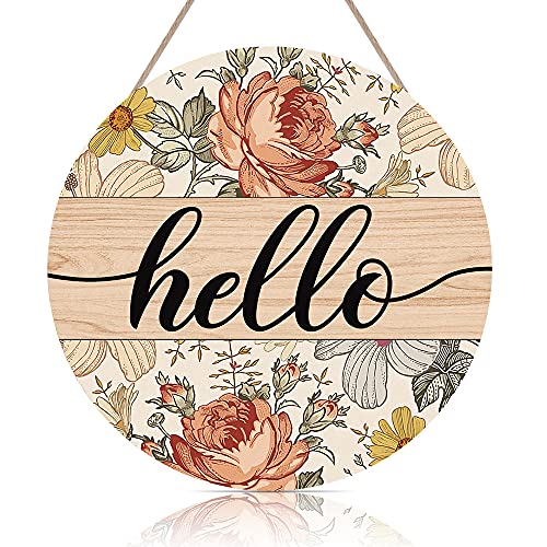 Vintage Hello Spring Sign for Front Door, Welcome Spring Wall Door Sign with Flowers, Colorful Floral Bouquet Wooden Hanging Sign Decor for Entryway Front Porch Hallway Yard Garden(12″x 12″)