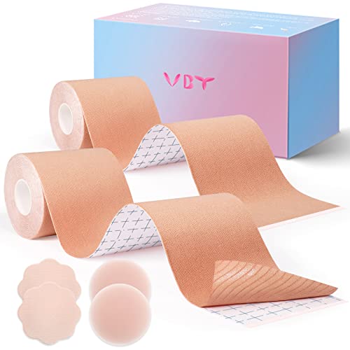 VBT 2 Pack Boob Tape – Breast Lift Tape, Body Tape for Breast Lift w 2 Pcs Silicone Breast Reusable Adhesive Bra& 2 Pcs Fabric Nipple Covers, Bob Tape for Large Breasts A-G Cup, Nude