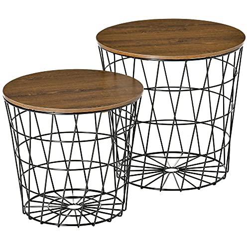 HOMCOM End Tables Set of 2, Nesting Tables with Storage, Round Accent Side Tables with Removable Top for Living Room, Bedroom, Black/Brown