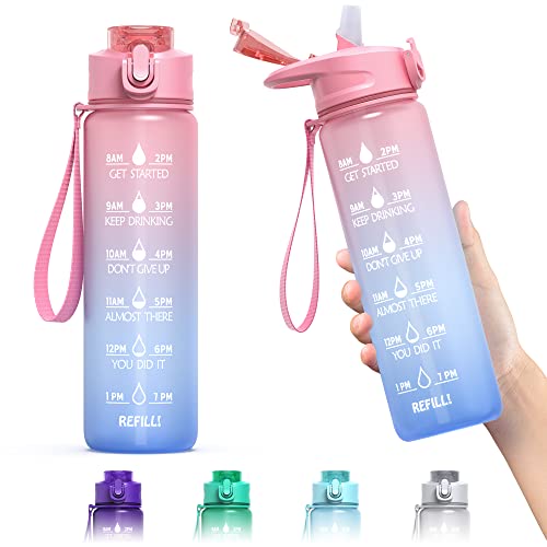 Kymbax 32oz Water Bottle with Time Marker and Straw, Motivational Water Bottle with Handle, Leakproof BPA FREE Tritan Water Jug for School, Gym, Outdoor, Fitness (Ombre Pink Blue, 32oz)
