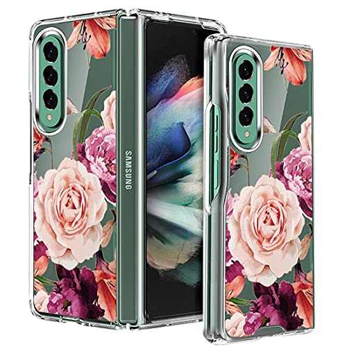 Osophter for Galaxy Z Fold 3 Case,Samsung Z Fold 3 Case Clear Flower Floral for Girls Women Shock-Absorption Transparent Back Cell Phone Cover Cases for Samsung Galaxy Z Fold 3 5G(Purple Flower)