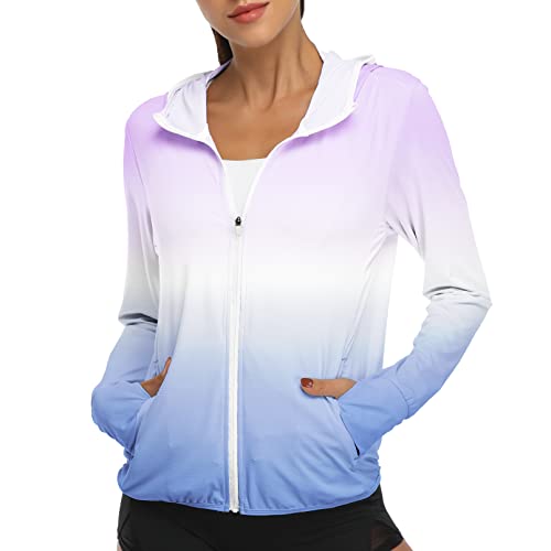 Women’s UPF 50+ UV Sun Protection Jacket Full Zip Hoodies Lightweight Hiking Long Sleeve Shirts Outdoor Performance with Pockets Y63-Gradient Purple-L