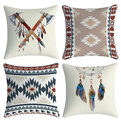 Yakuyir Boho Pillow Covers Set of 4 18×18 Dreamcatcher Aztec Indian Tomahawk linens Cotton Decor Modern kilimThrow Pillows Accents Outdoor Farmhouse Patio Home Sofa Couch Holiday Cases Decorations