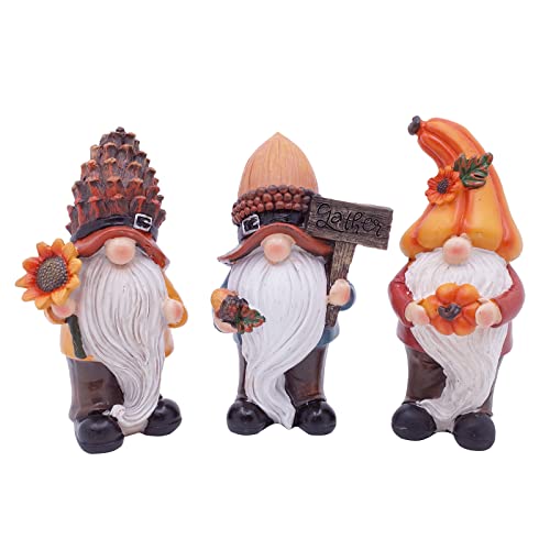 Etistta 3PCS Fall Harvest Gnome Thanksgiving Figurine Decor, 6.5 inch Polyresin Gnomes Sculptures with Pumpkin, Pine Cones, Acorn Hat for Home Tabletop Garden Holiday Decorations