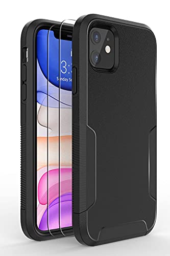 Compatible with iPhone 11 Case, Hard PC + Soft TPU Phone Case with [2 x Tempered Glass Screen Protector], Heavy-Duty Tough Rugged Lightweight Slim Shockproof Protective Case for iPhone 11 6.1″, Black