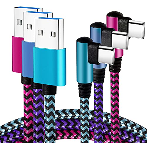 Teeind USB Type C Cable 2.1A Fast Charging: [90 Degree/6ft/3Pack] Nylon USB C Cord Right Angle Compatible with Samsung Galaxy S10/S10e/9/Note 10, USB C Charger-Blue/Magenta/Purple