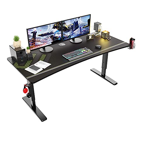 It’s_Organized 63 Inch Large Height Adjustable Gaming Desk, Black Home Office PC Computer Manual Standing Curved Edge Table Gamer Workstation with Handle Rack Cup Holder Headphone Hooks Full Mouse Pad