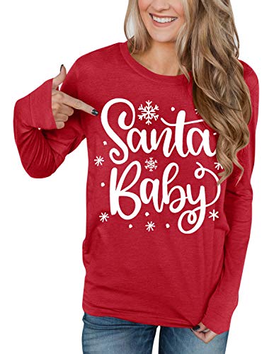 Christmas Women Graphic Printed Long Sleeve Shirts Xmas Party Cotton Red Sweatshirts Santa Baby L