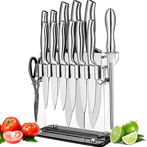 Knife Set, Stainless Steel Kitchen Knives Set 14 PCS, Super Sharp Kitchen Knife Set with Easy Clean Acrylic Stand, Modern Design, Silver