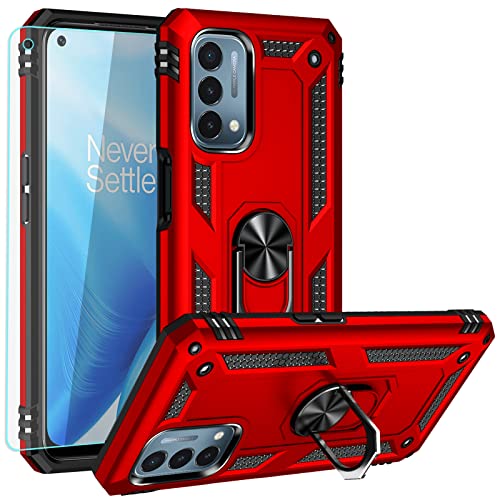 YZOK Compatible with OnePlus Nord N200 5G Case,with HD Screen Protector, [Military Grade] Ring Car Mount Kickstand Hybrid Hard PC Soft TPU Shockproof Protective Case for OnePlus Nord N200 5G (Red)