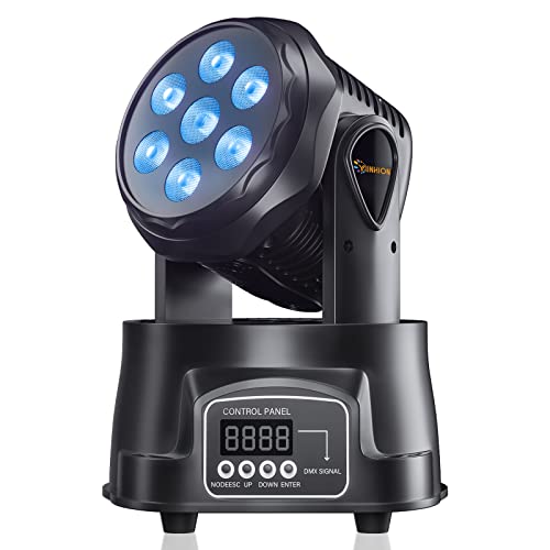 Moving Head Stage Light, Yunhion 7 LED RGBW DJ Lights with Sound Activated/DMX Lighting, Professional Spotlight for DJ Disco Events Church Live Show Bar, 1 Pack
