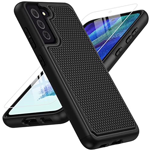 JXVM for Samsung Galaxy S21 FE Case: Dual Layer Protective Heavy Duty Cell Phone Cover Shockproof Rugged with Non Slip Textured Back – Military Protection Bumper Tough – 6.4inch (Black Black)