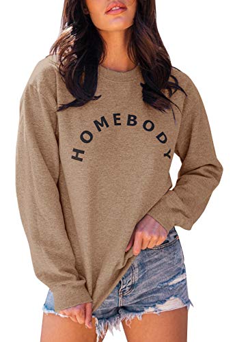 FISACE Women Graphic Sweatshirt Crew Neck Solid Color Long Sleeve Casual Loose Letter Pullover Tops Coffee
