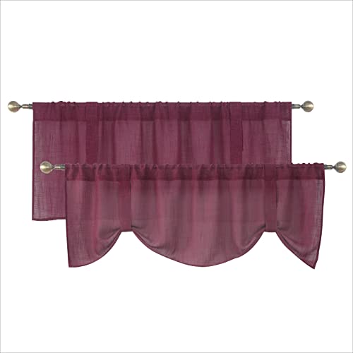 Home Queen Tie Up Curtain Valances for Living Room, Semi Sheer Burlap Linen Look and Super Soft on Touch, Country Style, 2 Pieces, 20 Inches Long, Burgundy