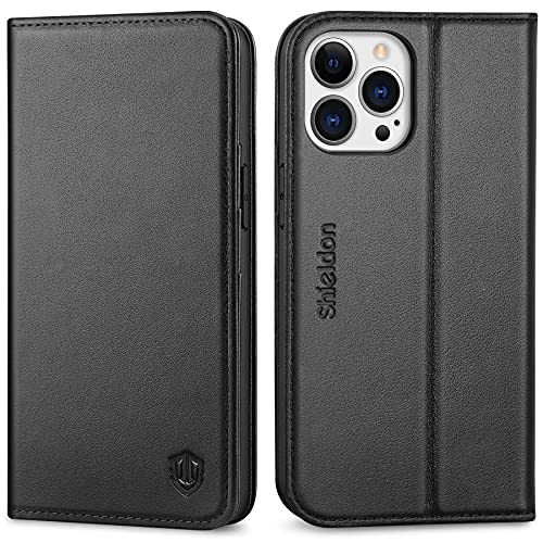 SHIELDON Case for iPhone 13 Pro 5G, Genuine Leather Wallet Case RFID Blocking Credit Card Holder Folio Magnetic Kickstand Shockproof Cover Compatible with iPhone 13 Pro 5G (6.1″ 2021 Release) – Black