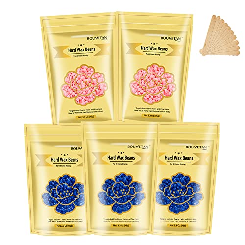 Wax Beads for Hair Removal, 16.5oz Wax Beads for Sensitive Skin, Hard Wax Beads for Bikini, Brazilian Face, Eyebrow, Armpit, Legs and Chest, Hard Wax Beans for Painless Hair Removal (3Blue, 2Pink)