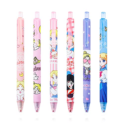 G-Ahora 6 Pcs Anime Moon Gel Pen Anime Pen Black Ink 0.5mm Ballpoint Pens School Supplies for Girls (extra 10 pen refills)