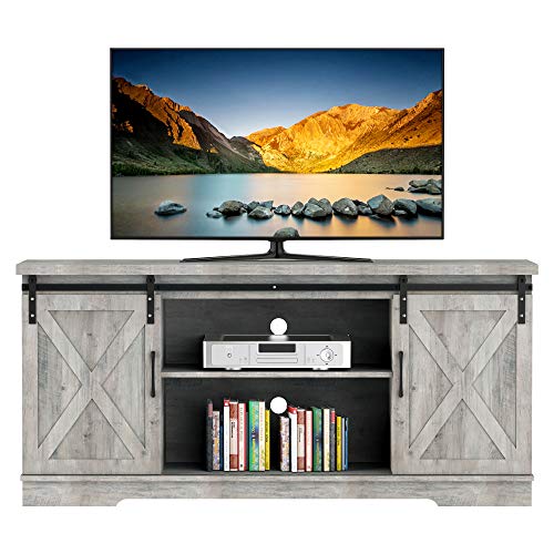 Yartaka Farmhouse Sliding Barn Door TV Stand, Brown TV Stand for 65″ Television, 59″ Wood Entertainment Center, Home Living Room Storage Cabinet Table with Movable Shelf (59inch, Brown)