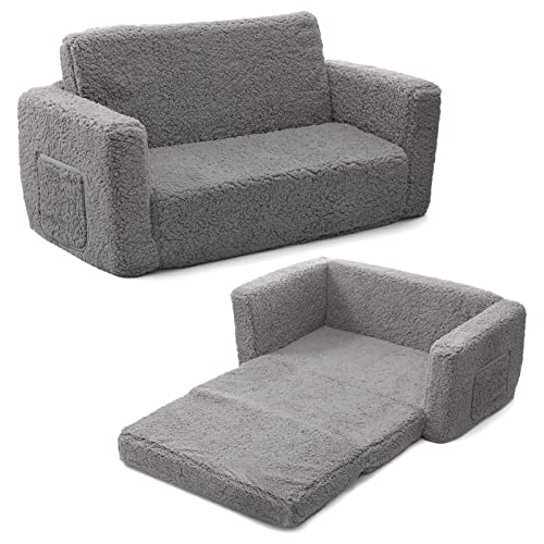 ALIMORDEN 2-in-1 Flip Out Extra Wide Cuddly Sherpa Kids Couch, Convertible Sofa to Lounger, Grey