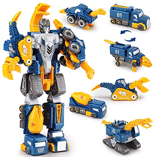 5-in-1 Dinosaur Construction Trucks Vehicle Toy Magnetic Set, Transform into Huge Robot, Assembling Building Action Figures Kit, Birthday Gift for Kids, Toddler Boy & Girl 3 4 5 6 7 Year Old