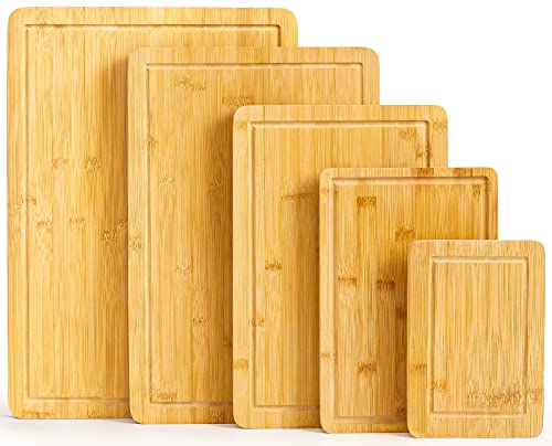 Bamboo Cutting Board Set, Wood Cutting Boards for Kitchen, Chopping Board Set with Juice Groove, Heavy Duty Charcuterie Boards for Meat (Butcher Block) Cheese, Large Cutting Boards (5-Pieces)