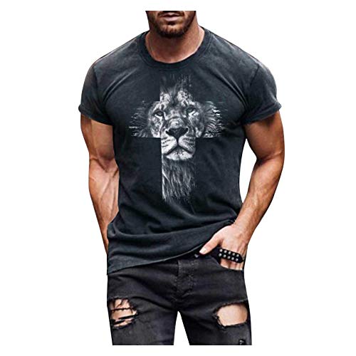 WOCACHI Soldier Short Sleeve T-Shirts for Mens, Summer Street Faith Jesus Cross Lion Print Workout Athletic Tee Tops Mens Shirt Summer Late Summer Holiday Vacation Turn-Down Stand Collar Solid Color