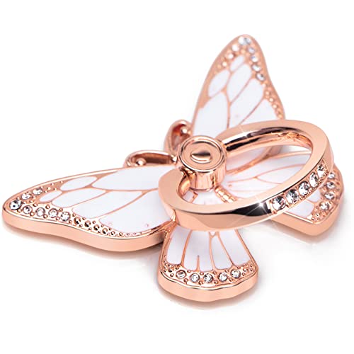Butterfly Cell Phone Ring Holder, 360°Rotation Phone Ring Grip, Compatible with iPhone, Samsung Galaxy, LG Google Pixel, iPad, Rhinestones and Enamel (Rose Gold and White)