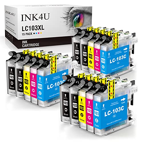 INK4U Compatible LC103 Ink Cartridges Replacement for Brother LC103XL LC101XL LC101 LC103BK, for MFC-J870DW MFC-J6920DW MFC-J6520DW MFC-J450DW MFC-J470DW(6 Black,3 Cyan,3 Magenta,3 Yellow,15 Packs)