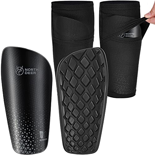 Soccer Shin Guards for Men incl. Sleeves with Optimized Insert Pocket – Protective Soccer Equipment for Kids Adults (Black L)