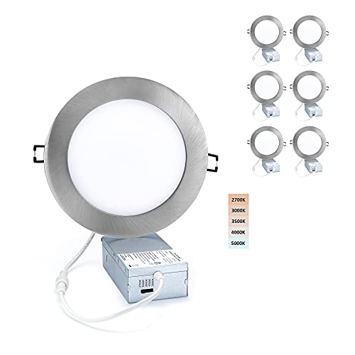 POPANU LED Canless Recessed Downlight Ultra-Thin 6 Inch 5 CCT Adjustable Ceilling Light with Junction Box, 12W Color Temperature Selectable Lighting Fixture, Dimmable, 6 Pack, Brushed Nickel