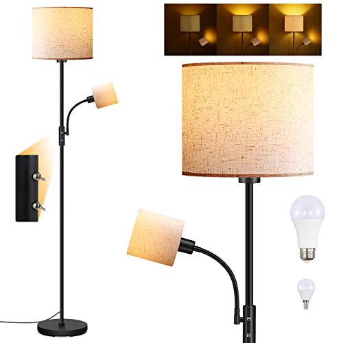LED Floor Lamps for Living Room, 15W Dimmable Floor Lamp with 4W Adjustable Reading Light, 3000K Brightness Light, Modern Floor Lamp with Linen Lampshade,LED Standing Lamp for Bedroom,Office,Farmhouse