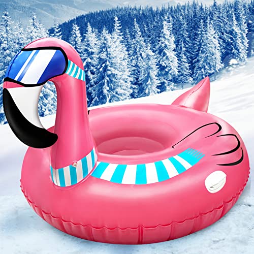 AMENON 56 Inch Giant Flamingo Snow Tube Sled for Kid Adult Winter Inflatable Snow Sled with 2 Reinforced Handles Repair Patches 0.6mm Thick Bottom Heavy Duty Snow Tube for Outdoor Sledding Winter Toys