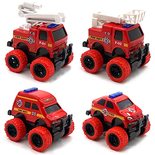 Pull Back Die-cast Alloy Fire Truck Vehicles Play Set,Monster Truck Model Cars,Friction Powered Toy Cars,4 Pack,Toys for 3 4 5 + Years Old Kids,Christmas/Birthday Gifts for Boys & Girls,Party Favors
