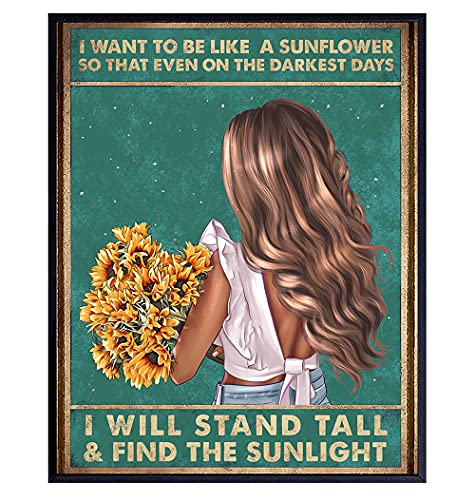 Boho Hippy Wall Art & Decor – Be Like A Sunflower – Inspirational Poster Print – Motivational Positive Quotes – Uplifting Encouragement Gifts for Women, Teen Girls Bedroom – Cute Bohemian Home Decor