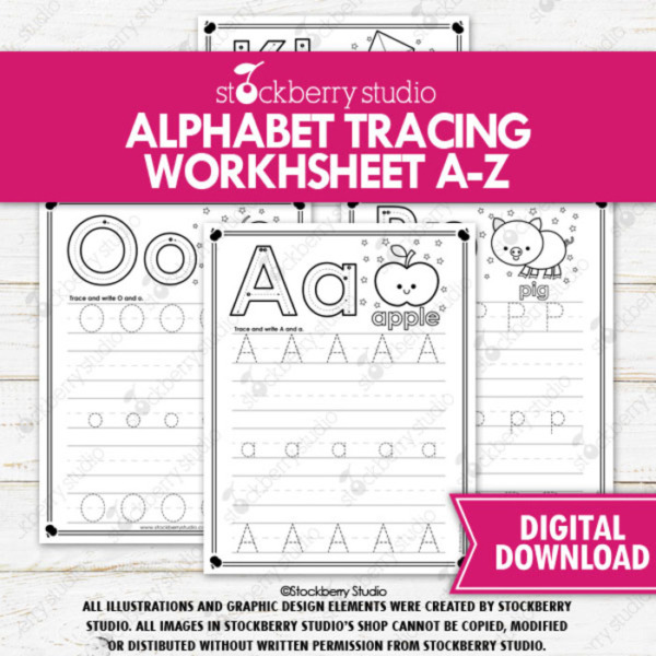 Alphabet Tracing Worksheets Printable Phonics Literacy ABC Letters Preschool Kindergarten Pre-k