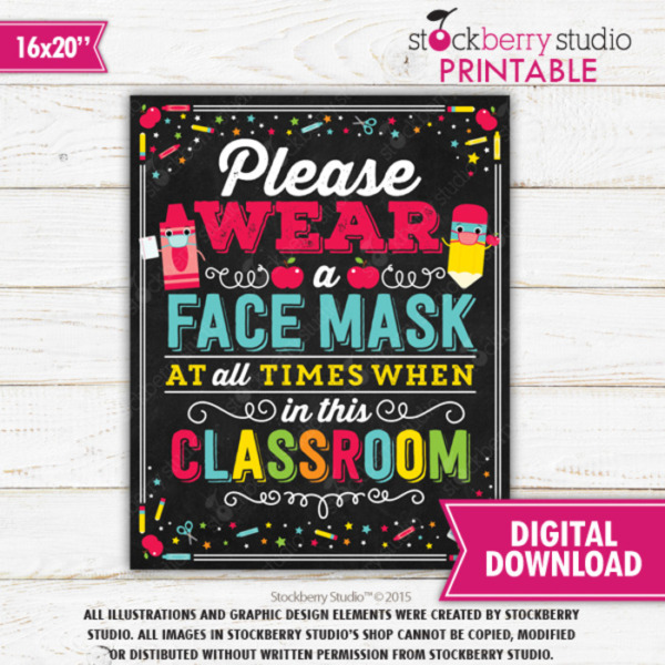 Classroom Face Mask Sign School Poster Printable