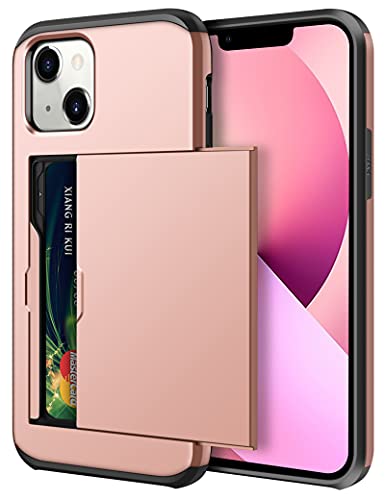 SAMONPOW Compatible with iPhone 13 Case with Card Holder Dual Layer Hybrid Wallet Case Heavy Duty Protection Shockproof iPhone 13 Case for Women Men Anti-Scratch Case for iPhone 13 6.1 inch Rose Gold