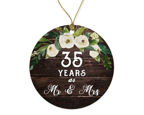 KrysDesigns 35Th Wedding Anniversary Ceramic Collectible 35 Years Married Pretty Rustic Ceramic Holiday Decoration Present Porcelain 3 Flat with Gold Ribbon Free Box Both Sides