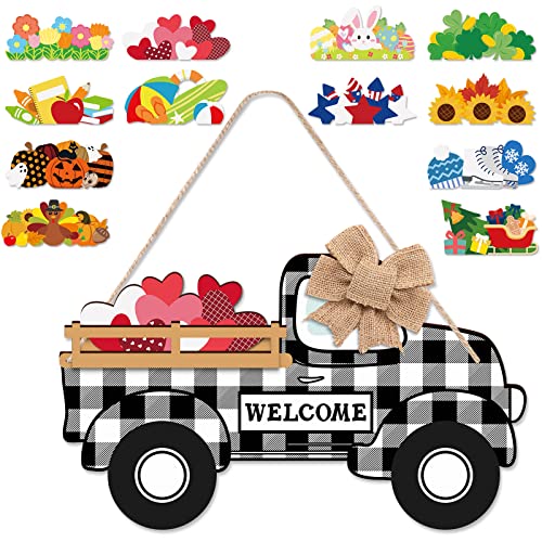 Interchangeable Welcome Sign Truck Decor – Seasonal Farmhouse Home Rustic Truck Welcome Door Sign with 12 PCS Interchangeable Holiday Icons for Valentine’s Day St. Patrick’s Day Easter Spring