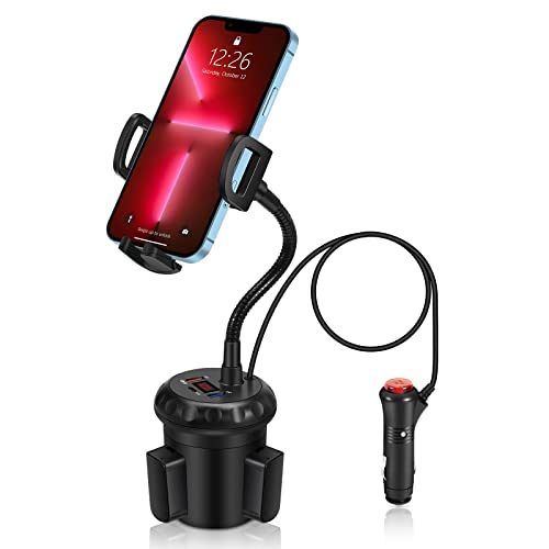 HVDI [Upgraded] Cup Holder Phone Mount, 36W Car Charger 3-Ports Fast Charging Cell Phone Mount Universal Adjustable Cradle for iPhone 13 Pro Max/12 /11/XR/XS/X/8/Samsung S21 Ultra/S20/S10/Note 10/9/8