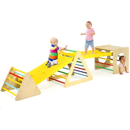 Costzon 5 in 1 Triangle Climber with 2 Ramp, Wooden Climbing Toys for Toddlers 1-3, Multi-Combination Play Methods, Kids Montessori Play Gym Set Playground Climbing Ladder for Boys Girls Gift Present