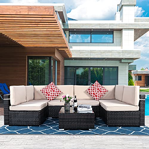 VIVIJASON 7 Pieces Patio Furniture Sets, Outdoor Sectional Conversation Set, All Weather Brown PE Wicker Rattan Sofa Set, Backyard Deck Balcony Furniture Couch with Cushions, Pillows and Coffee Table