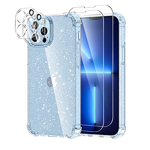 KSWOUS Sparkly Glitter Clear Case for iPhone 13 Pro 6.1 Inch with Screen Protector[2 Pack] + Camera Lens Protector[2 Pack], Soft Protective Case for Women Girls Cute Shockproof Cover(Glitter)