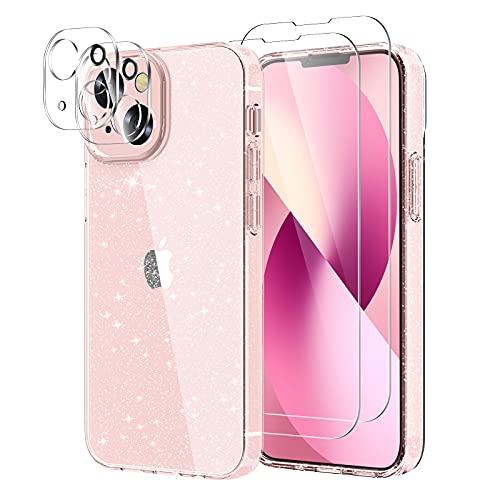 KSWOUS Sparkly Glitter Case for iPhone 13 6.1 Inch with Screen Protector[2 Pack] + Camera Lens Protector[2 Pack], Soft Protective Clear Cases for Women Girls Cute Shockproof Bling Phone Cover