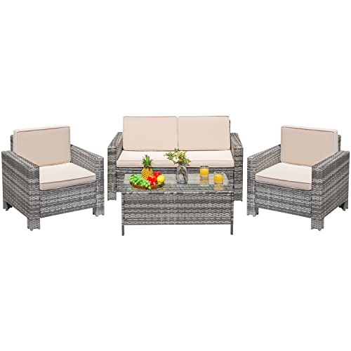 Greesum 4 Pieces Patio Furniture Sets, Wicker Rattan Sofa Chair with Soft Cushions and Sturdy Coffee Table, Outdoor-Indoor Use for Backyard Porch Garden Poolside Balcony, Gray and Brown