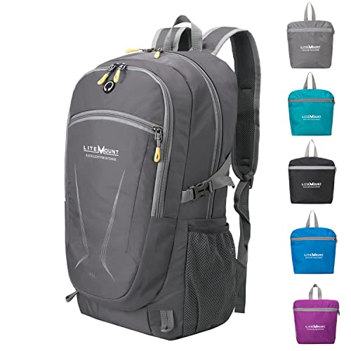 LITEMOUNT Lightweight Packable Backpack, Hiking Backpack, Outdoor Travel Daypack (Grey)
