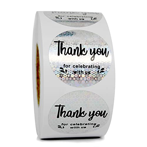 Bokinyoung Thank You for Celebrating with Us Sticker Roll 500 PCS Round Rainbow Silver Foil Seal Stickers 1.5 Inch Thank You Label