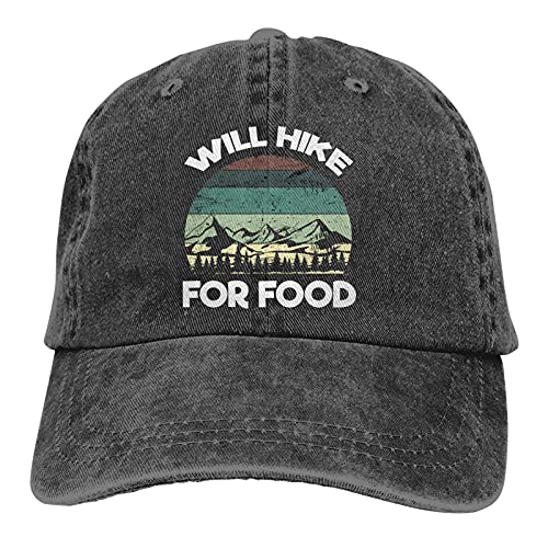 Will Hike for Food Hat for Men Baseball Cap Vintage Dad Hat Black Adjustable Low Profile Running Denim Hat for Sport Hiking Travel